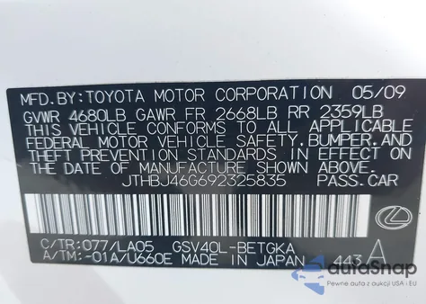 2009 Lexus Es 350 from USA, damaged, VIN JTHBJ46G692325835